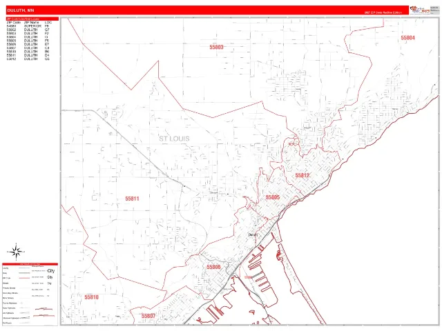 Duluth, MN ZIP Code Wall Map, RedLine style