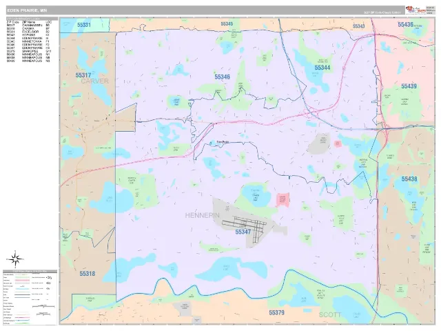 Eden Prairie, MN ZIP Code Wall Map, Classic style