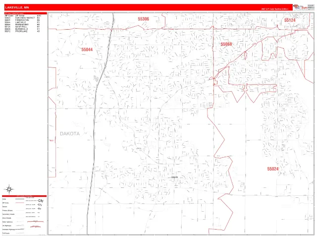 Lakeville, MN ZIP Code Wall Map, RedLine style