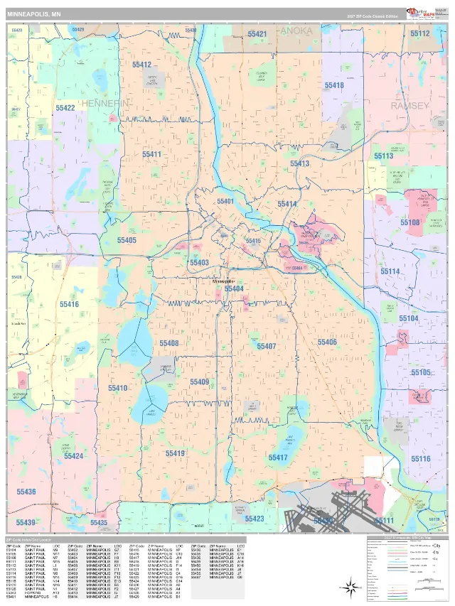Minneapolis, MN ZIP Code Wall Map, Classic style