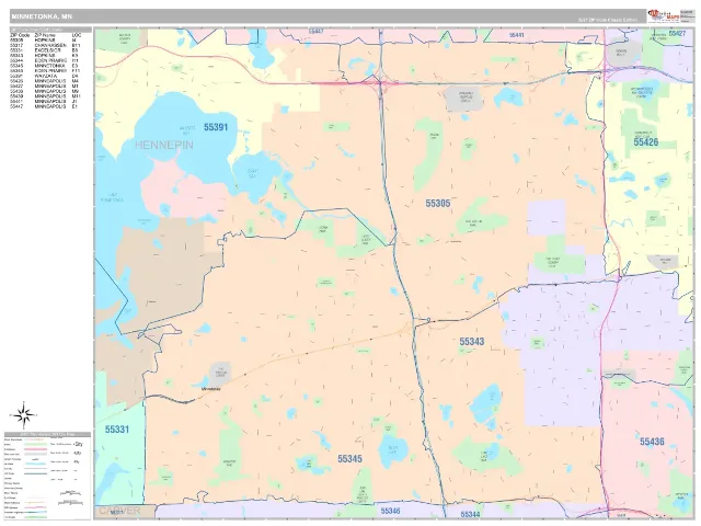 Minnetonka, MN ZIP Code Wall Map, Classic style