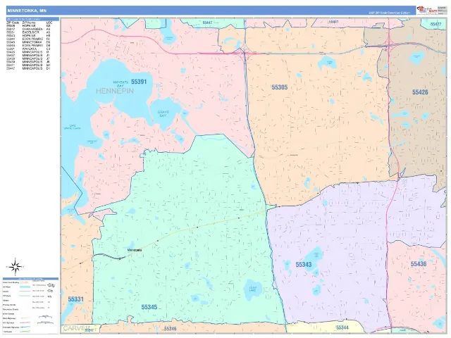 Minnetonka, MN ZIP Code Wall Map, ColorCast style