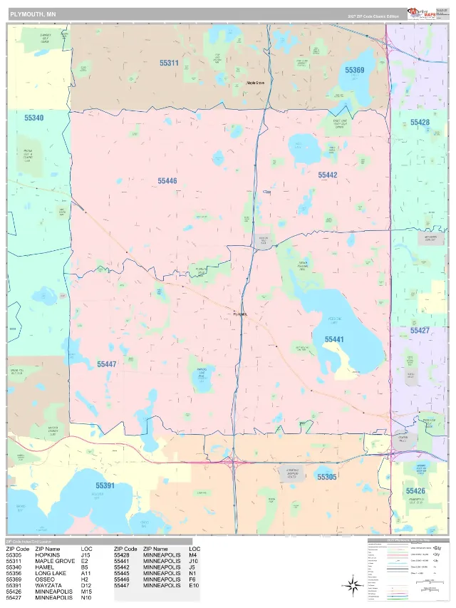 Plymouth, MN ZIP Code Wall Map, Classic style