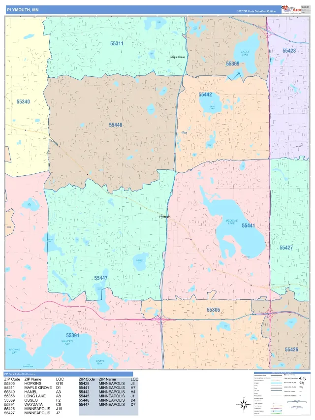 Plymouth, MN ZIP Code Wall Map, ColorCast style