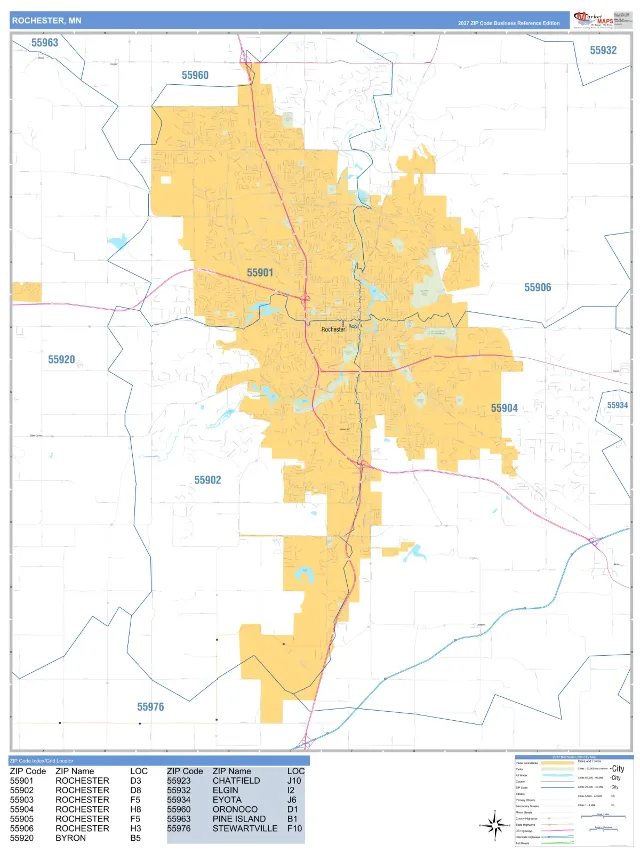 Rochester, MN ZIP Code Wall Map, Business Reference style