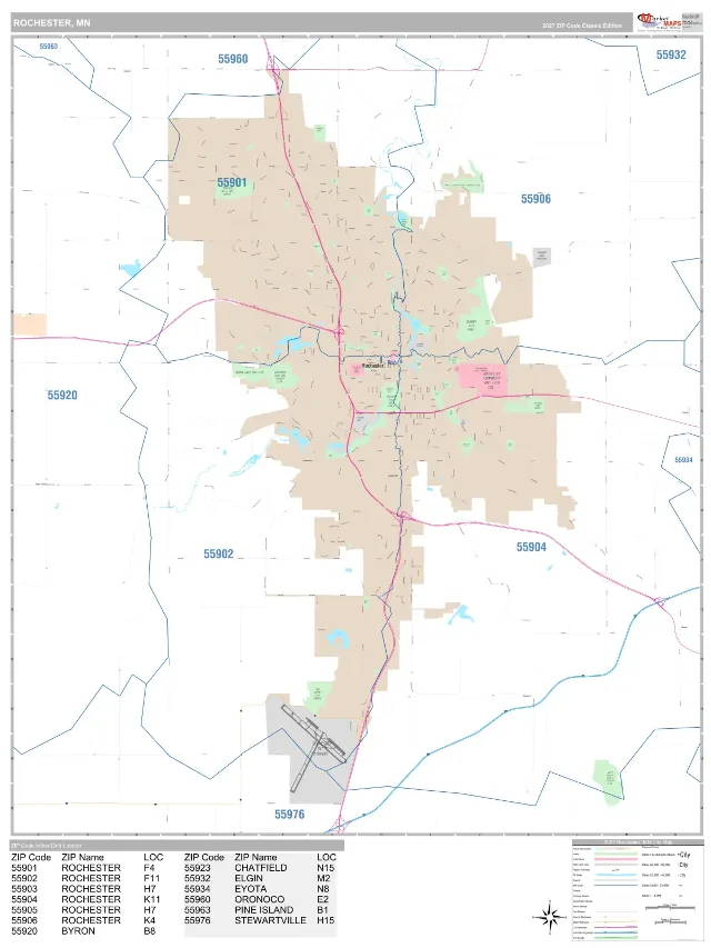Rochester, MN ZIP Code Wall Map, Classic style