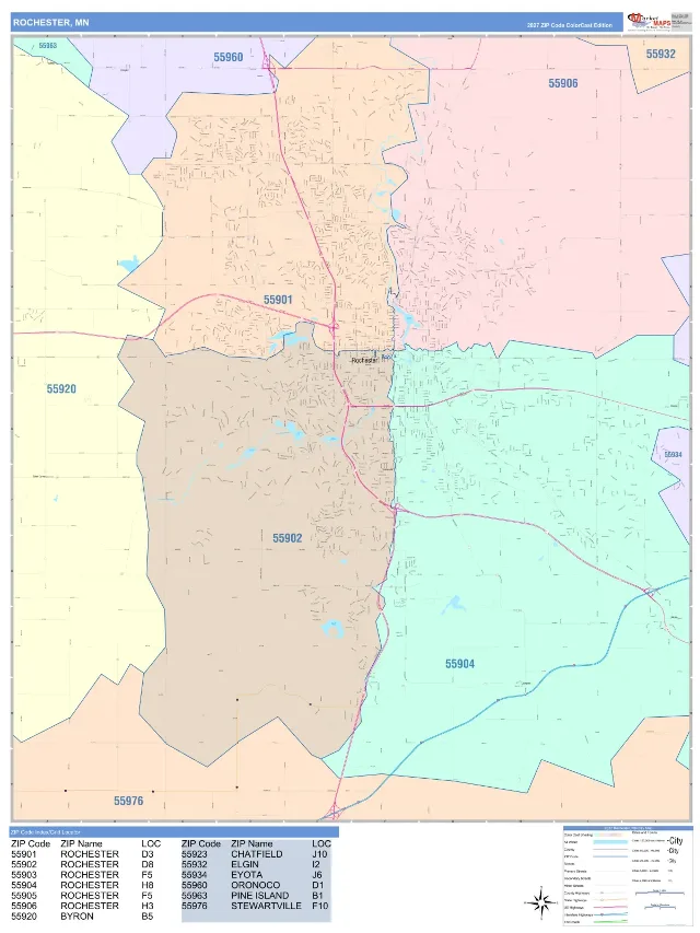 Rochester, MN ZIP Code Wall Map, ColorCast style