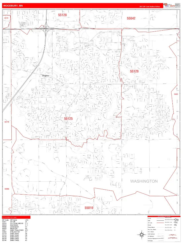 Woodbury, MN ZIP Code Wall Map, RedLine style