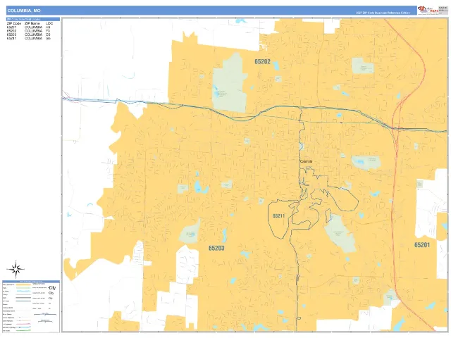 Columbia, MO ZIP Code Wall Map, Business Reference style