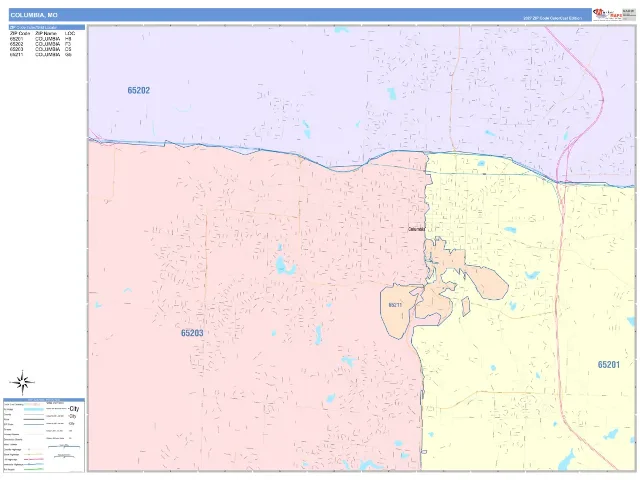 Columbia, MO ZIP Code Wall Map, ColorCast style