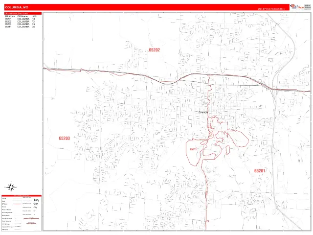Columbia, MO ZIP Code Wall Map, RedLine style