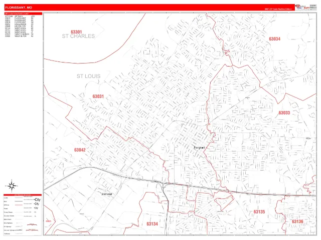 Florissant, MO ZIP Code Wall Map, RedLine style