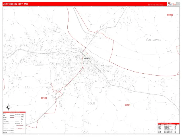 Jefferson City, MO ZIP Code Wall Map, RedLine style