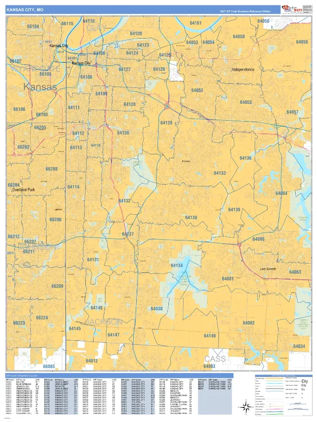 Kansas City, MO ZIP Code Wall Map, Business Reference style