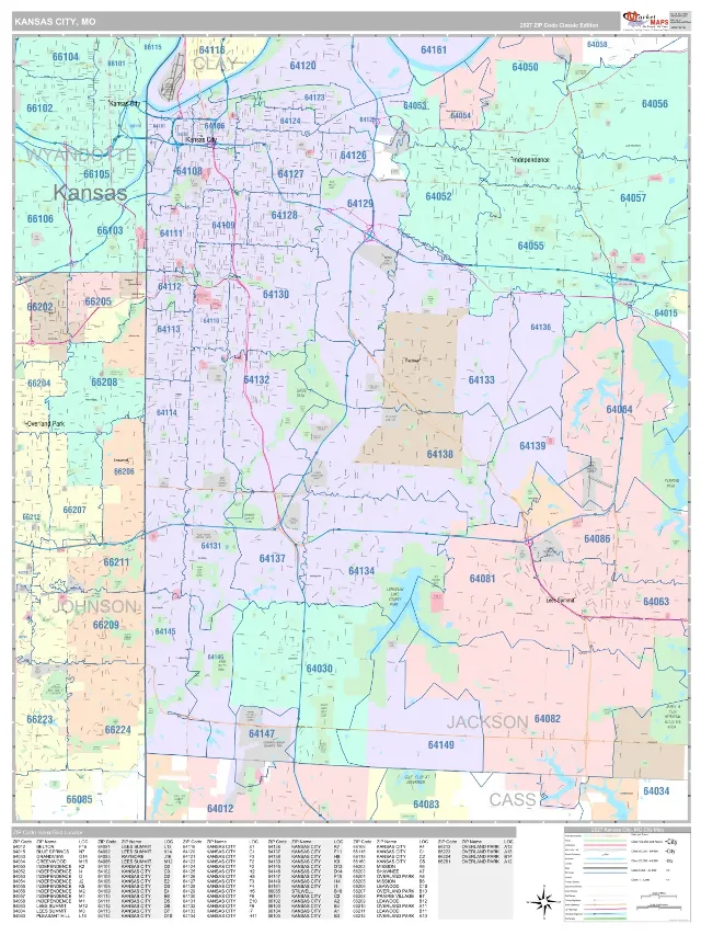 Kansas City, MO ZIP Code Wall Map, Classic style