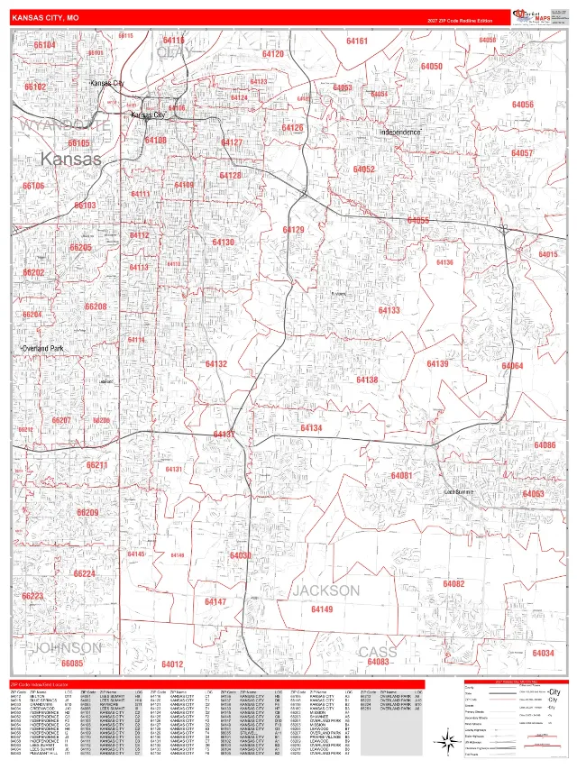 Kansas City, MO ZIP Code Wall Map, RedLine style