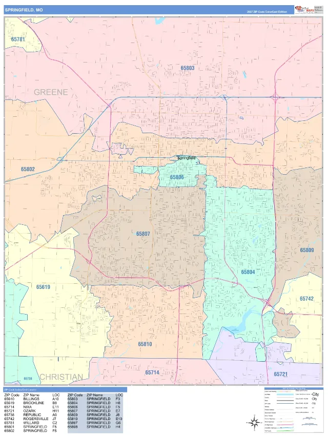 Springfield, MO ZIP Code Wall Map, ColorCast style