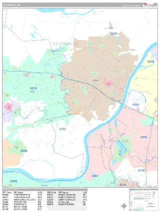 St Charles, MO Classic style ZIP Code wall map