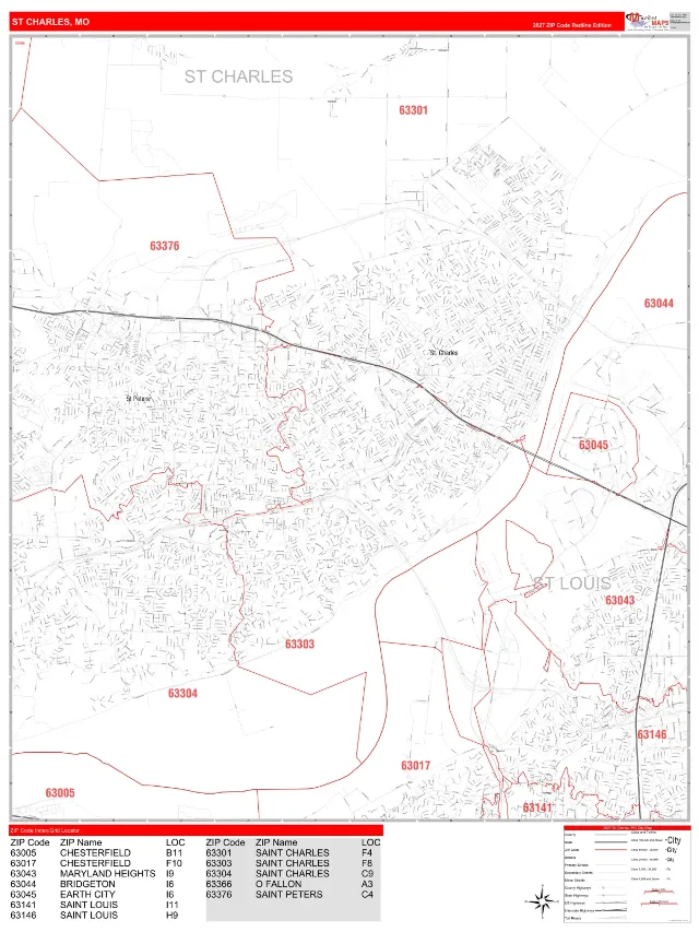 St Charles, MO ZIP Code Wall Map, RedLine style