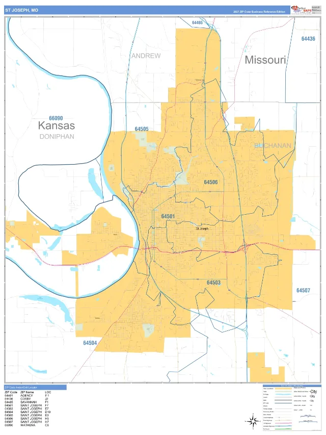 St Joseph, MO ZIP Code Wall Map, Business Reference style