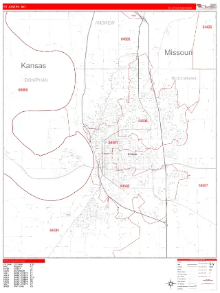 St Joseph, MO RedLine style ZIP Code wall map