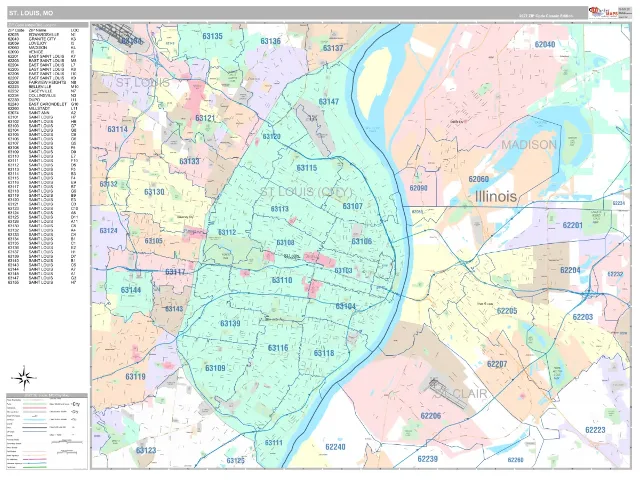 St Louis, MO ZIP Code Wall Map, Classic style