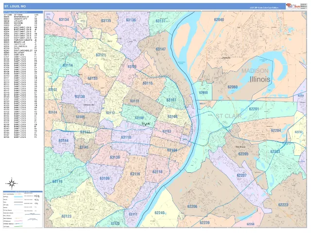 St Louis, MO ZIP Code Wall Map, ColorCast style