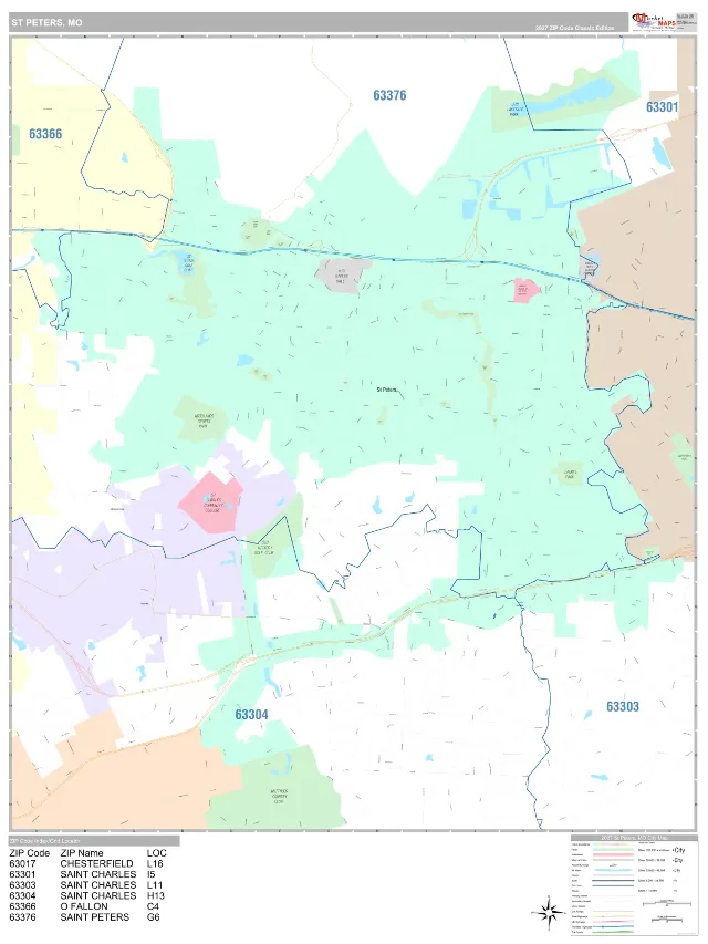 St. Peters, MO ZIP Code Wall Map, Classic style