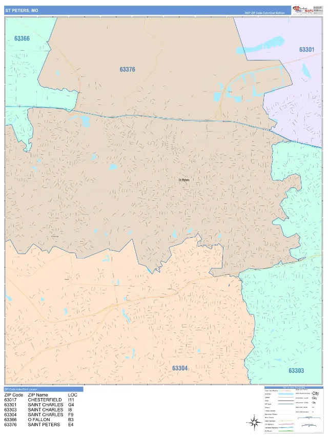 St. Peters, MO ZIP Code Wall Map, ColorCast style