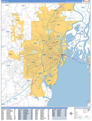 Mobile, AL ZIP Code wall map in the Business Reference Style