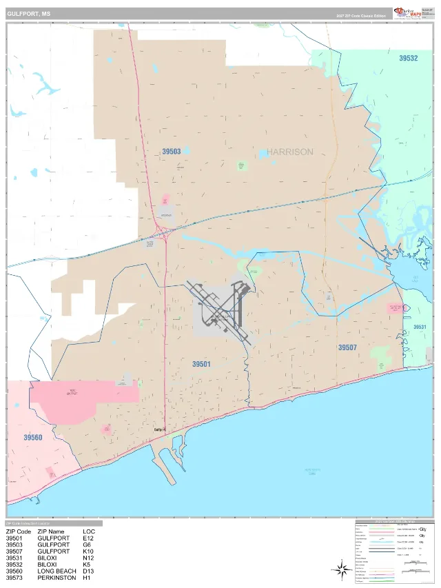 Gulfport, MS ZIP Code Wall Map, Classic style