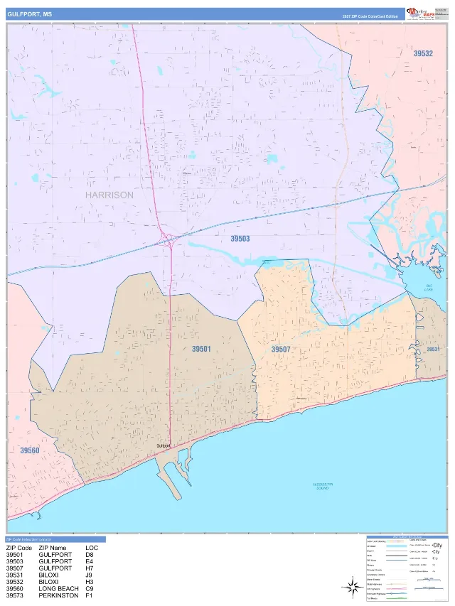 Gulfport, MS ZIP Code Wall Map, ColorCast style