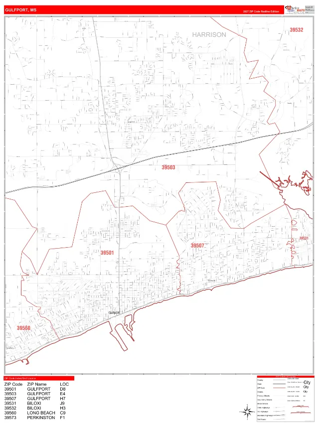 Gulfport, MS ZIP Code Wall Map, RedLine style