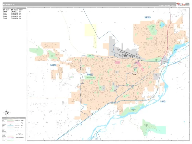 Billings, MT ZIP Code Wall Map, Classic style