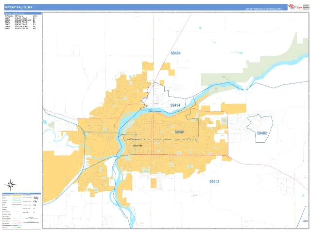 Great Falls, MT ZIP Code Wall Map, Business Reference style