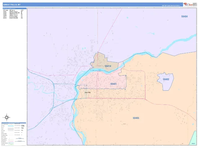 Great Falls, MT ZIP Code Wall Map, ColorCast style