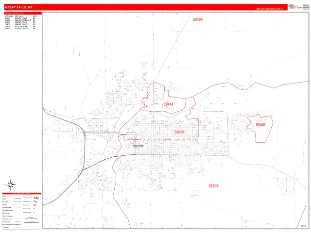 Great Falls, MT ZIP Code Wall Map, RedLine style