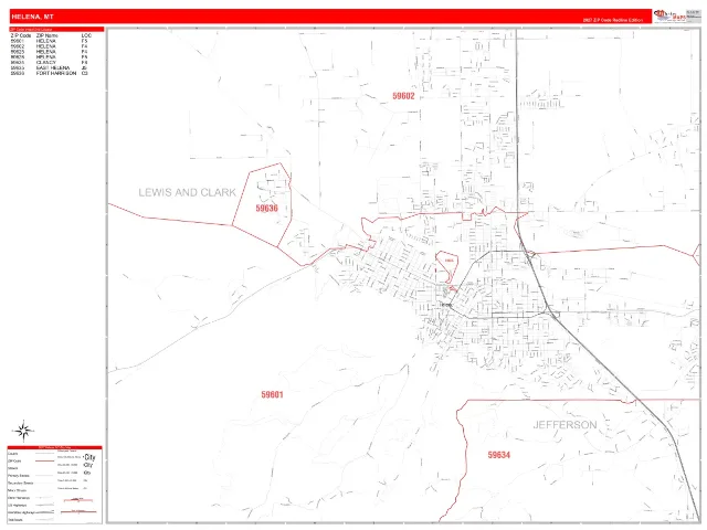 Helena, MT ZIP Code Wall Map, RedLine style