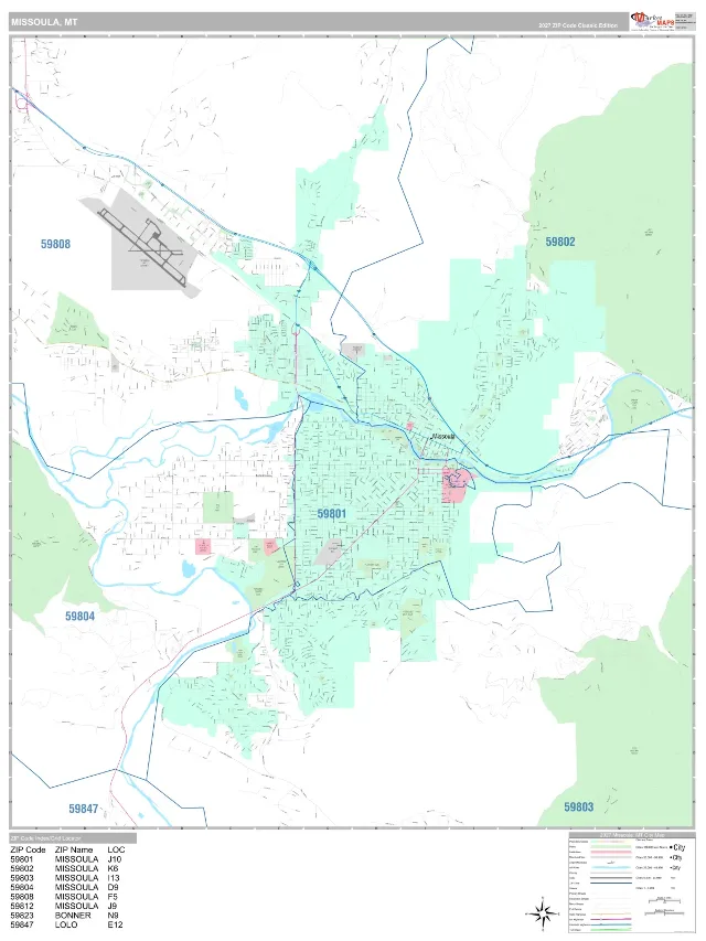 Missoula, MT ZIP Code Wall Map, Classic style