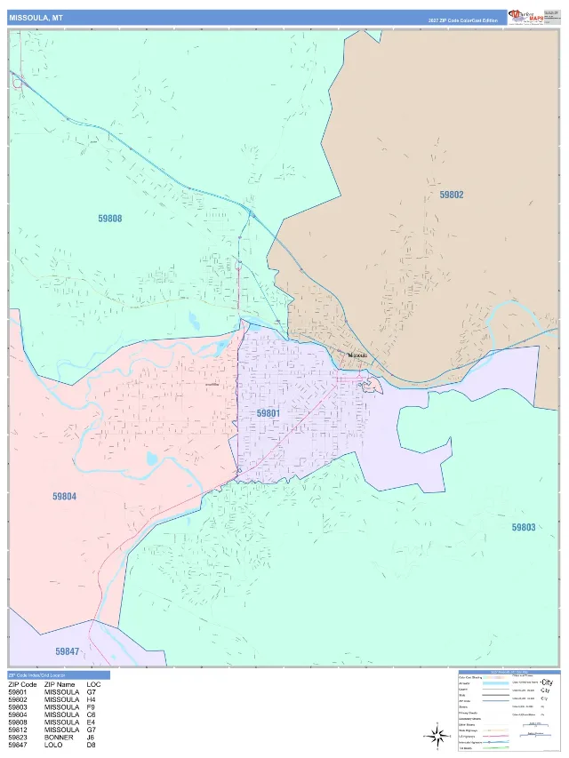 Missoula, MT ZIP Code Wall Map, ColorCast style