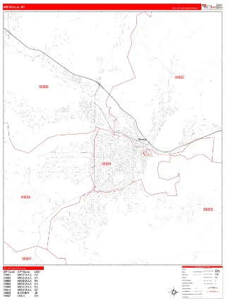 Missoula, MT RedLine style ZIP Code wall map