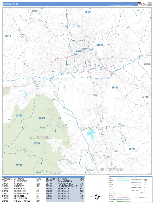 Asheville, NC ZIP Code Wall Map, Business Reference style