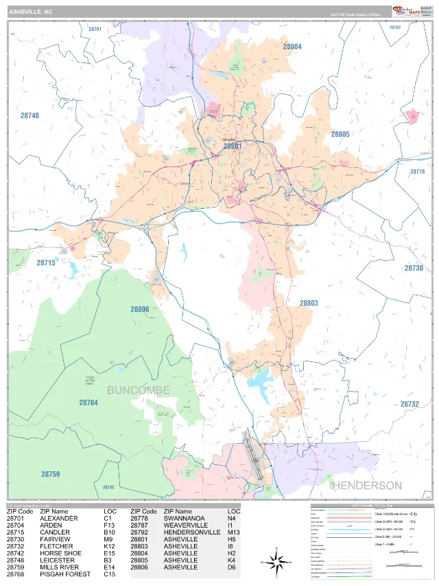 Asheville, NC ZIP Code Wall Map, Classic style