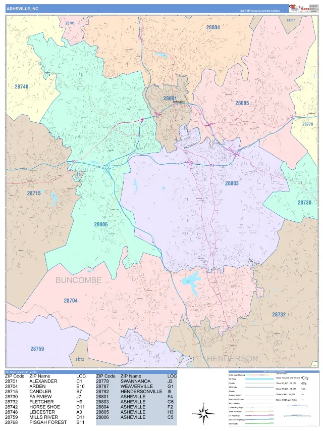 Asheville, NC ZIP Code Wall Map, ColorCast style