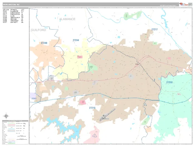 Burlington, NC ZIP Code Wall Map, Classic style
