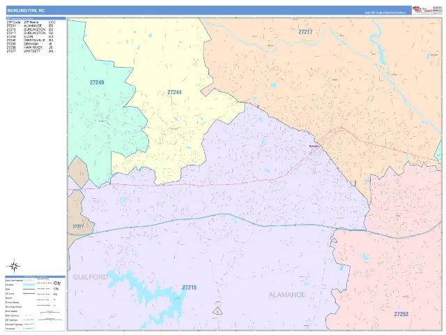 Burlington, NC ZIP Code Wall Map, ColorCast style