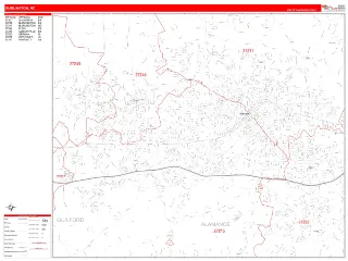 Burlington, NC RedLine style ZIP Code wall map
