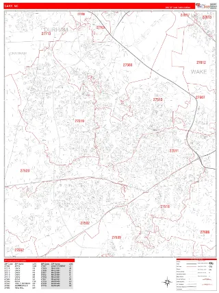 Cary, NC RedLine style ZIP Code wall map