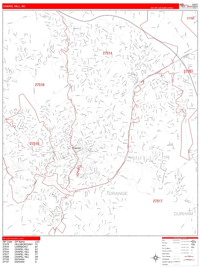 Chapel Hill, NC ZIP Code Wall Map, RedLine style