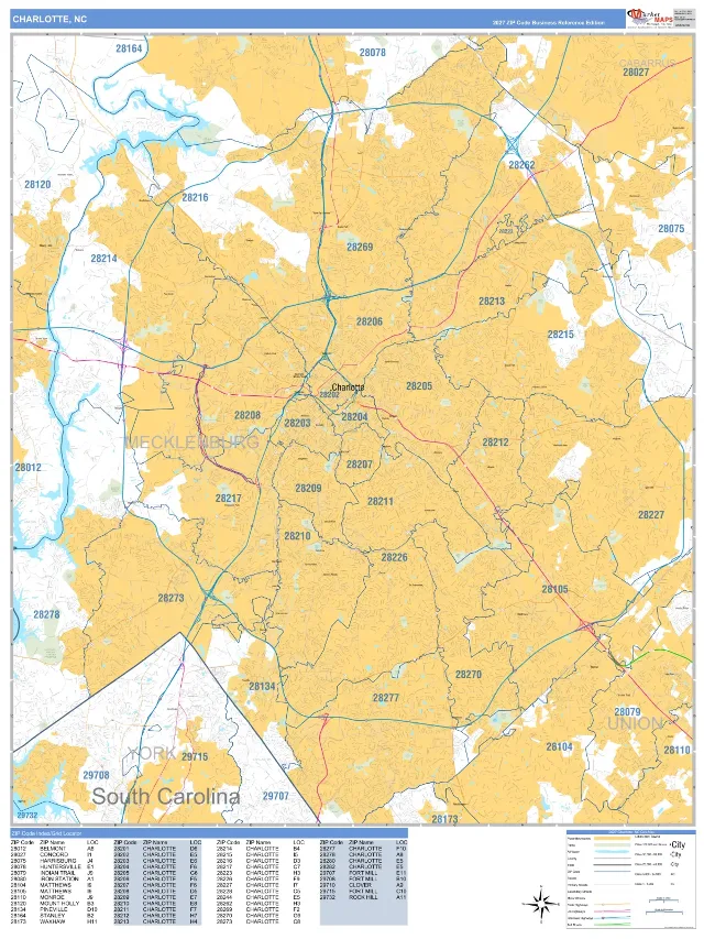 Charlotte, NC ZIP Code Wall Map, Business Reference style